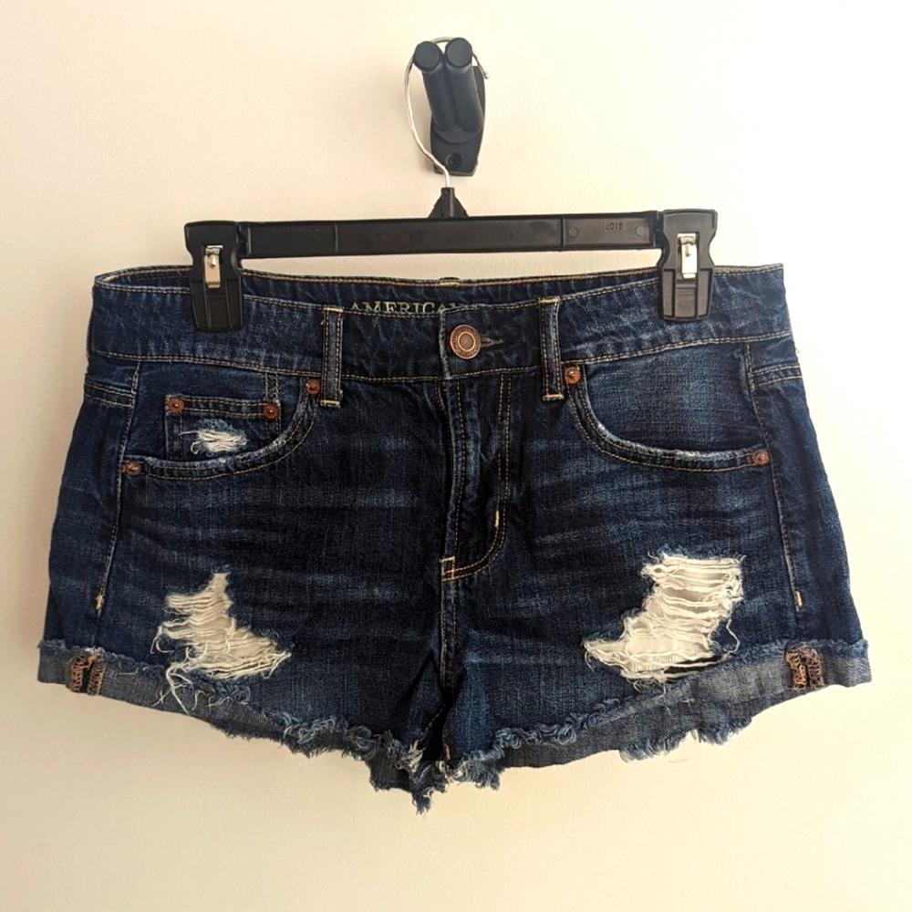 American Eagle Outfitters Women's Dark Blue Ripped Tomgirl Shorts Size 4